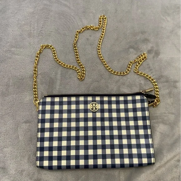 Tory Burch Robinson Navy Gingham Chain Strap Crossbody Clutch Bag 4936 - Picture 2 of 12